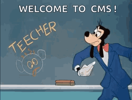 goofy is writing on a blackboard that says welcome to cms