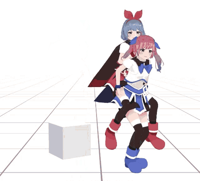 a couple of anime characters standing next to each other on a tiled floor