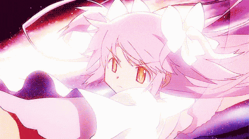 a girl with pink hair and a white bow is flying through the air .