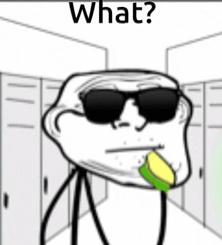 a troll wearing sunglasses and holding a sponge in his mouth is standing in a hallway .