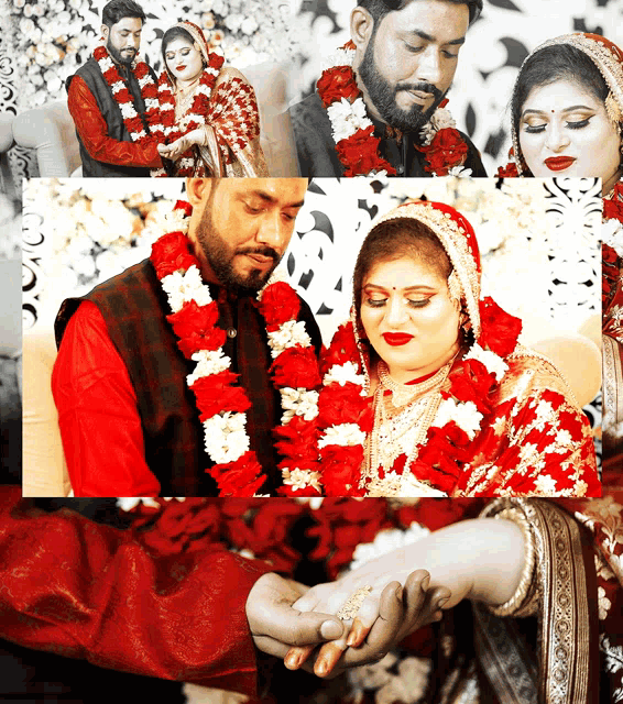 a bride and groom are posing for a picture and the bride is wearing a red and white garland