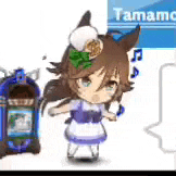 a cartoon girl in a purple dress is standing next to a blue jukebox .