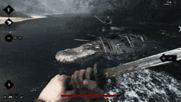 a person is holding a sword in front of an alligator
