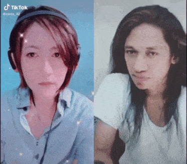 a woman with headphones and a man with long hair