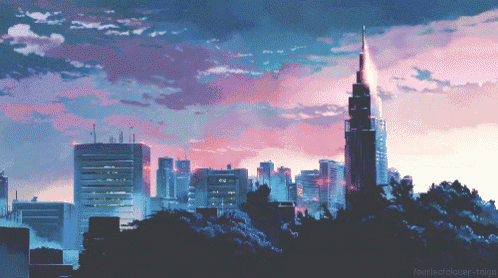 a pixel art of a city skyline with the words fourleafclover-roign below it
