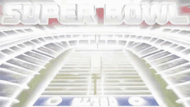 a super bowl advertisement with a football field in the background