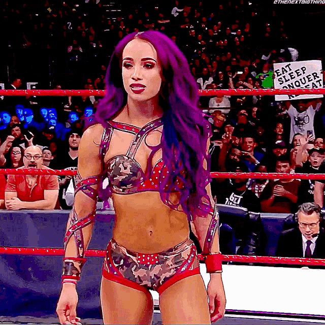 a woman with purple hair is standing in a wrestling ring with a sign that says eat sleep and repeat