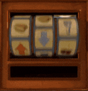 a slot machine with a blue arrow pointing down