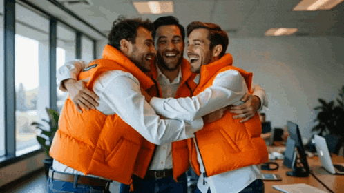 three men in orange vests hugging each other in an office