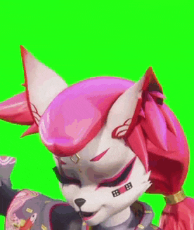 a close up of a cartoon fox with pink hair on a green background .