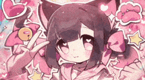 a girl with cat ears is giving a peace sign in a pink background .