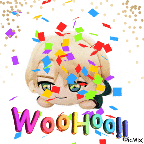 a cartoon character is surrounded by colorful confetti and the words woohoo