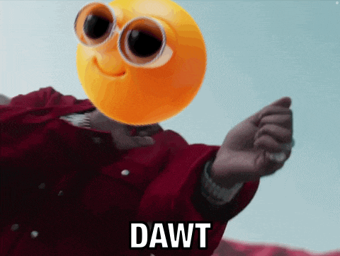 a person in a red jacket has a yellow smiley face on their head and the word dawt below it