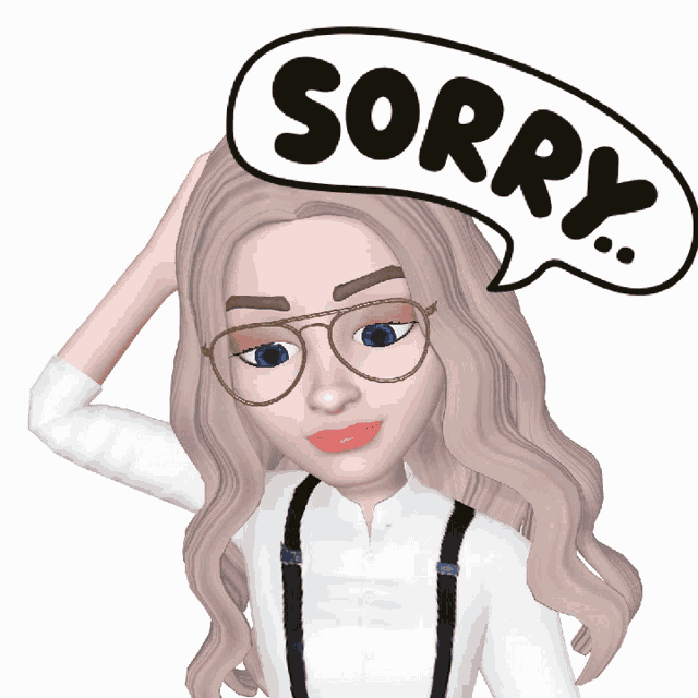 a girl with glasses and suspenders has a speech bubble that says " sorry "