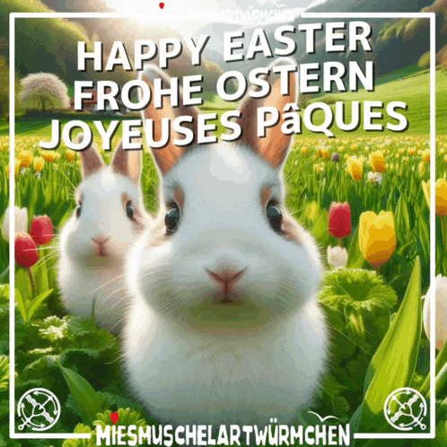 a picture of two rabbits in a field with the words happy easter frohe ostern joyeuses paques