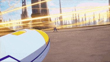 a cartoon character is flying through the air with a rocket in the background