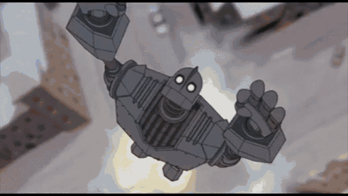 a cartoon robot is flying through the air with its arms outstretched