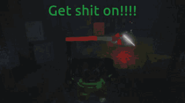 a video game character is holding a light saber with the words get shit on written above him