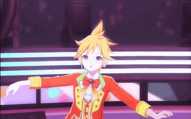 a cartoon character with yellow hair and a bow tie is dancing on a stage