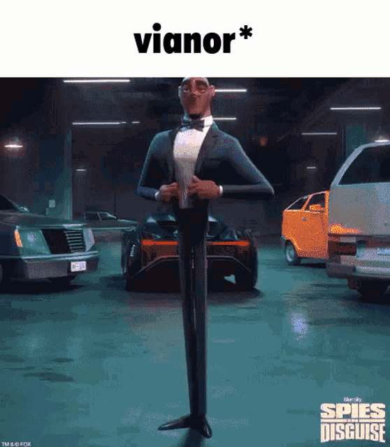 a poster for the movie spies in disguise shows a man in a tuxedo and bow tie