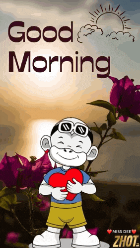 a cartoon of a boy holding a heart with the words good morning on it