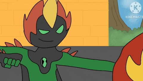 a cartoon character is standing in front of a brick wall and a sign that says kinemaster .