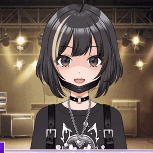 a girl wearing a choker and a black shirt that says ' a ' on it
