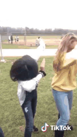 two girls are dancing in a field with a tiktok logo in the corner