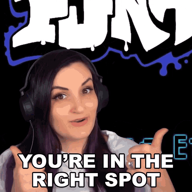a woman wearing headphones giving a thumbs up with the words you 're in the right spot behind her