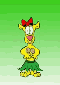 a cartoon of a giraffe wearing a hula skirt and a red bow