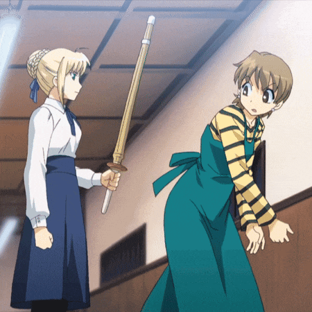 a girl in a blue apron is holding a sword