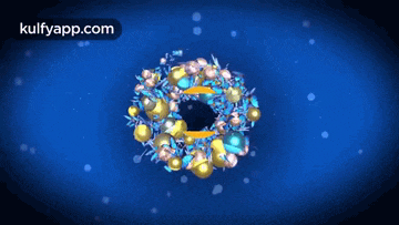 a wreath of christmas decorations on a blue background with the words kulfyapp.com below it