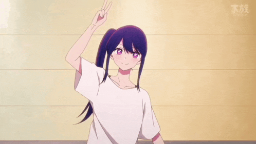 a girl with a ponytail and pink eyes is giving a peace sign