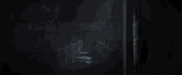 a dark room with a fence and a light coming through the door