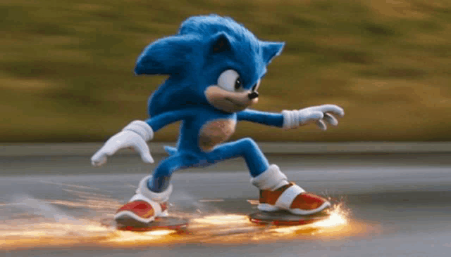 sonic the hedgehog is riding a skateboard down a street .