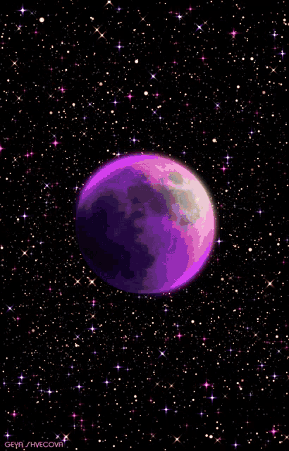 a purple moon is surrounded by stars in a dark sky