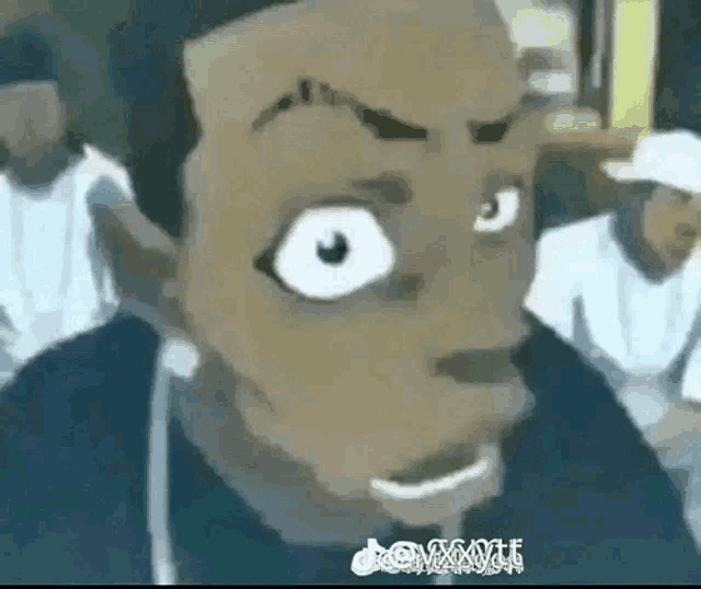 a close up of a cartoon character 's face with a big surprised look on his face .