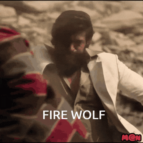 a man in a white suit with the words fire wolf written on the bottom