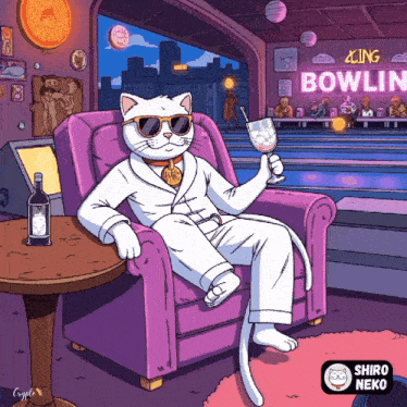 a cartoon of a cat sitting in a purple chair holding a glass of wine
