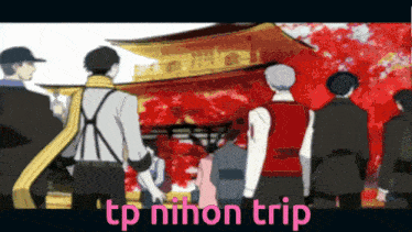 a group of people standing in front of a building with the words " tp nihon trip " in pink letters