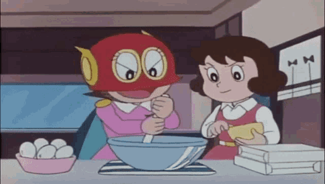 a couple of cartoon characters are standing next to each other at a table .