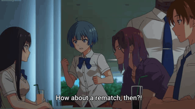 a group of anime characters are sitting at a table and one of them is asking how about a rematch then