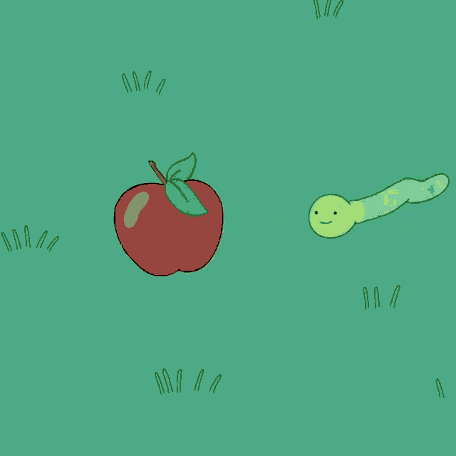 a cartoon of a worm eating an apple and a wooden plank