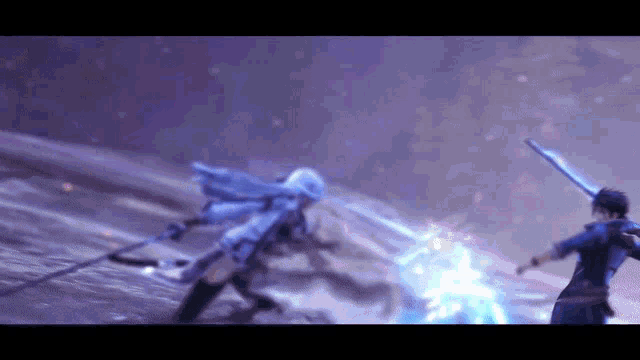 a man and a woman are fighting with swords in a video game scene .