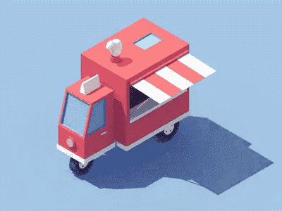 an ice cream truck with a striped awning and a scoop of ice cream on top