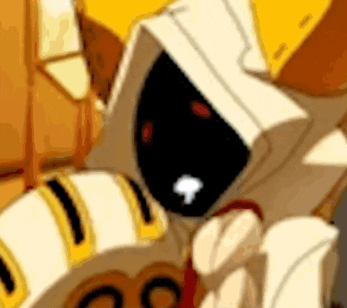 a cartoon character with a black face and a white mouth