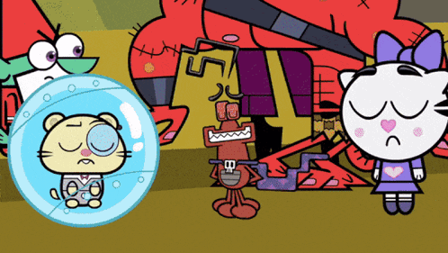 a cartoon scene with a cat in a bubble and a girl with a sad face