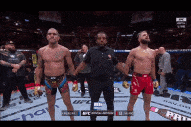 a referee stands between two fighters during an ufc fight