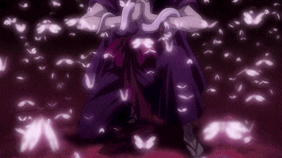 a samurai is kneeling down with a snake around his neck surrounded by cherry blossom petals .
