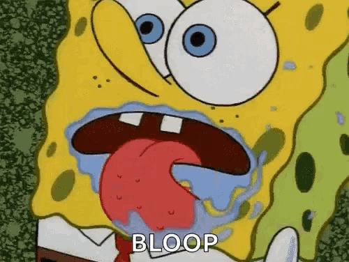 a cartoon of spongebob with his tongue hanging out and the word bloop written below him